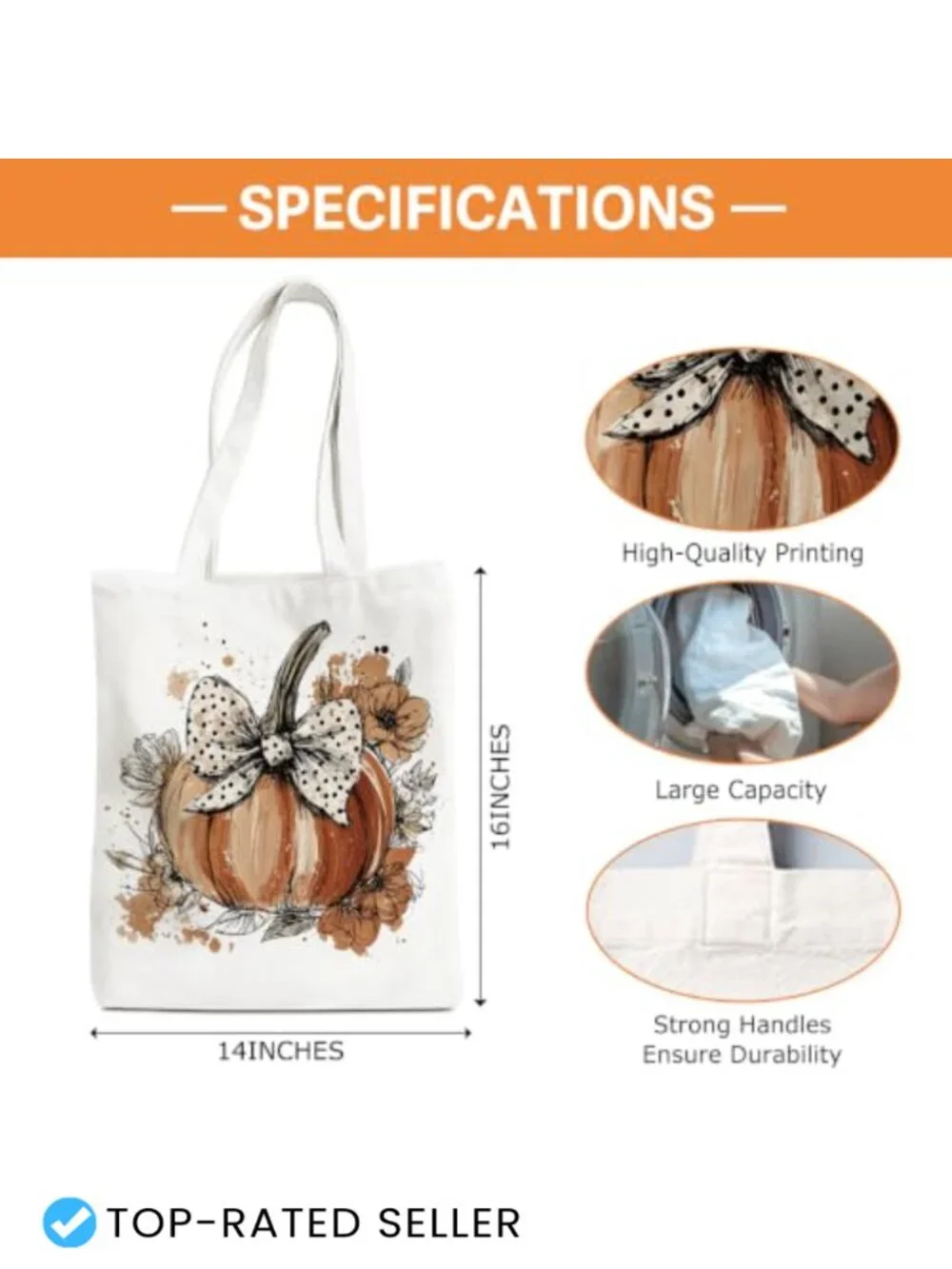 Floral Canvas Tote Bag Pumpkin Spice Fall Autumn Handbag Shoulder Purse